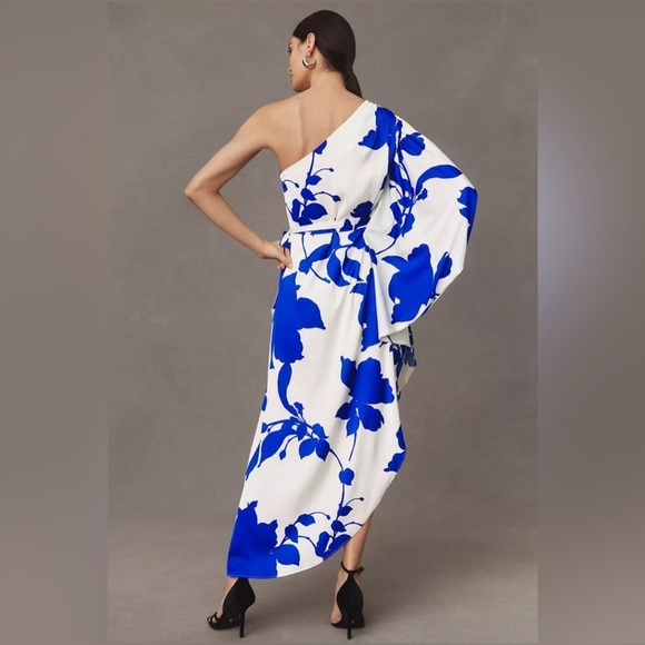 Hutch Blue White Floral Satin One-Shoulder Asymmetrical Midi Dress Size 6 - Picture 5 of 12